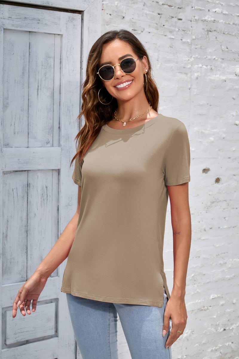 Herou T Shirt for Women Basic Short Sleeve Modal High Low Hem Tees Round Neck Loose Fit (Light Coffee, Medium) - Image 3